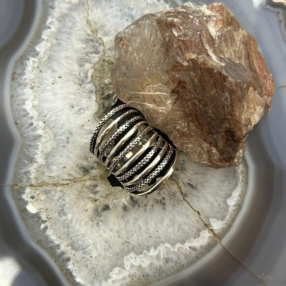 Sterling Silver Stripes Stacked Dome Modern Ring For Women, Taxco Mexico - Picture 2 of 10